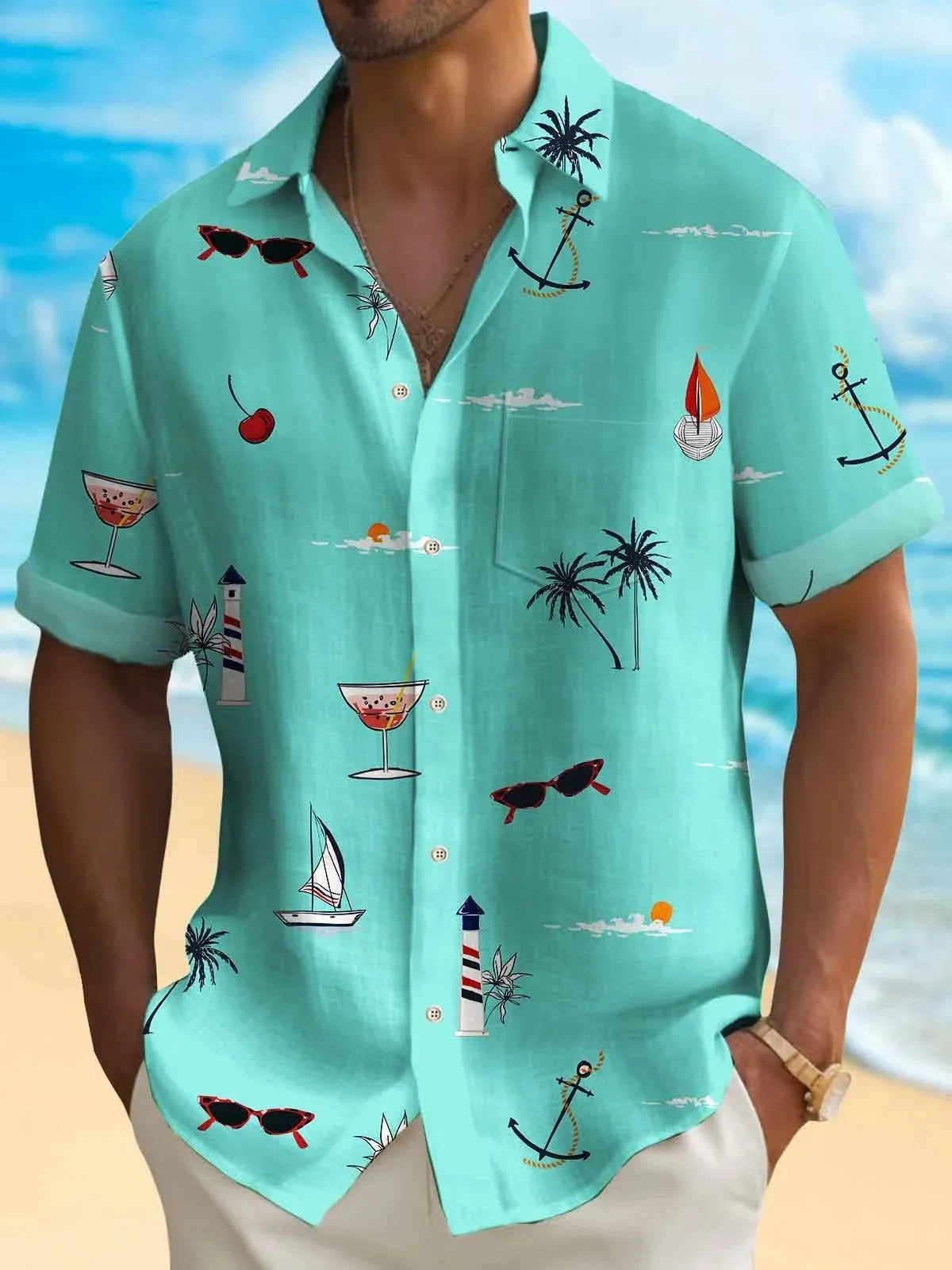 Men's loose fit Hawaiian shirt with digital print pattern and short sleeves