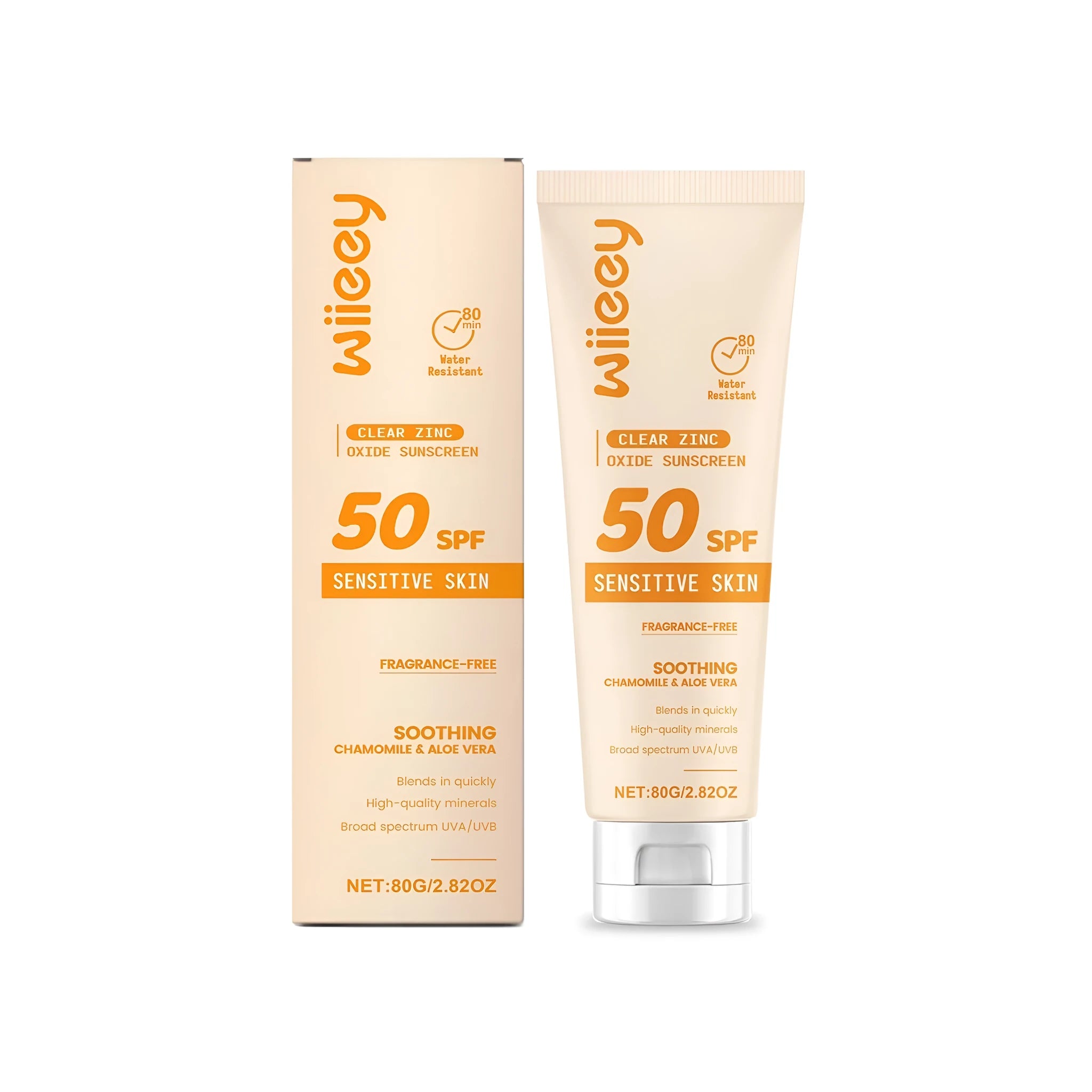 80g bottle of clear zinc oxide mineral sunscreen with chamomile and aloe extracts.