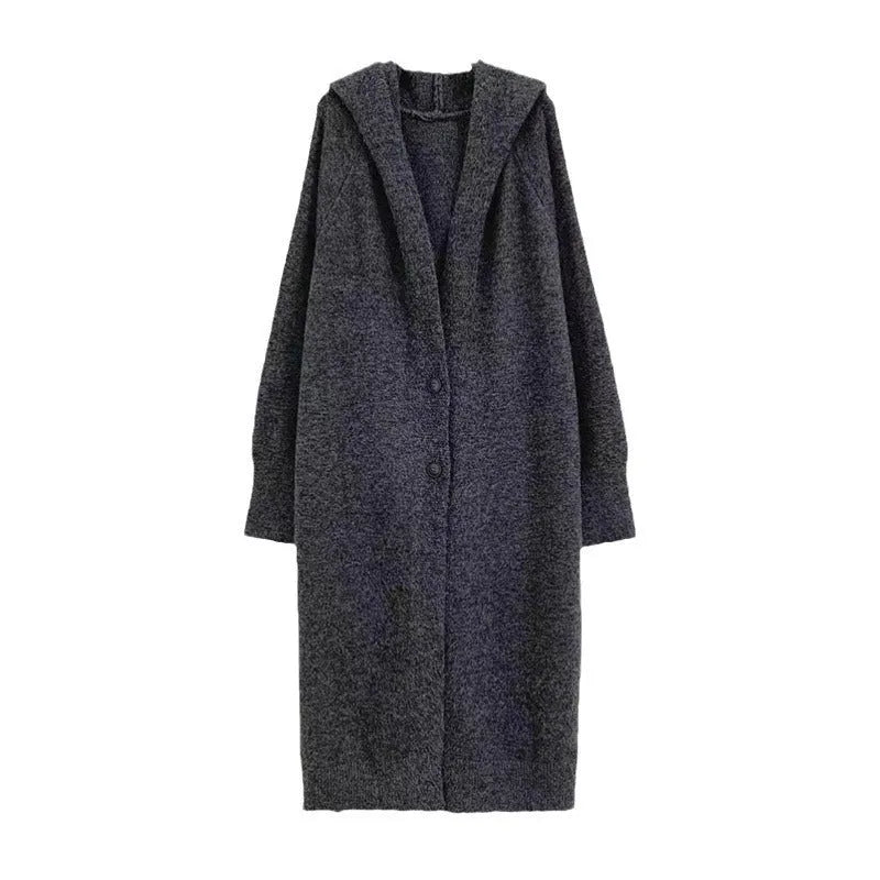 Women's long below-the-knee knitted cardigan with hood in wool blend fabric, loose fit, Korean style