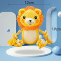 Lion and monkey plush squeaky dog toys showing size difference, with measurement indicators