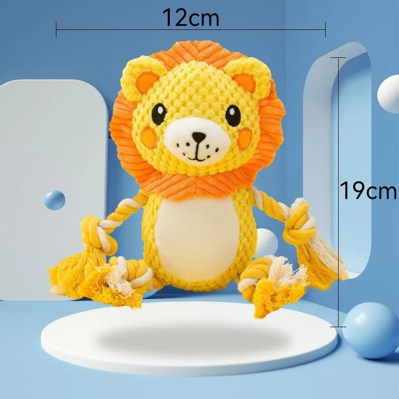 Lion and monkey plush squeaky dog toys showing size difference, with measurement indicators