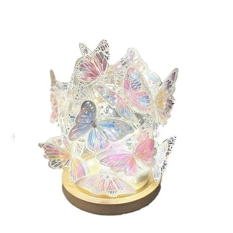 Butterfly night lamp with glass shade on wood base, bedside ambience lighting