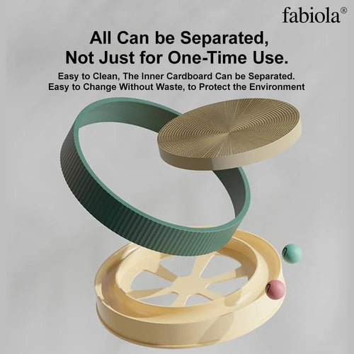 Large circular cat scratching board with bell toys and replaceable cardboard core