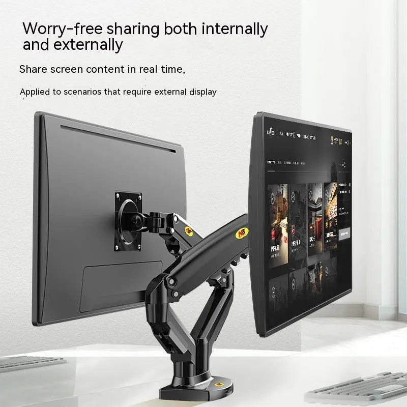 Aluminium and plastic dual screen monitor bracket with lifting mechanism, for VESA 75x75 or 100x100 mm mounts.