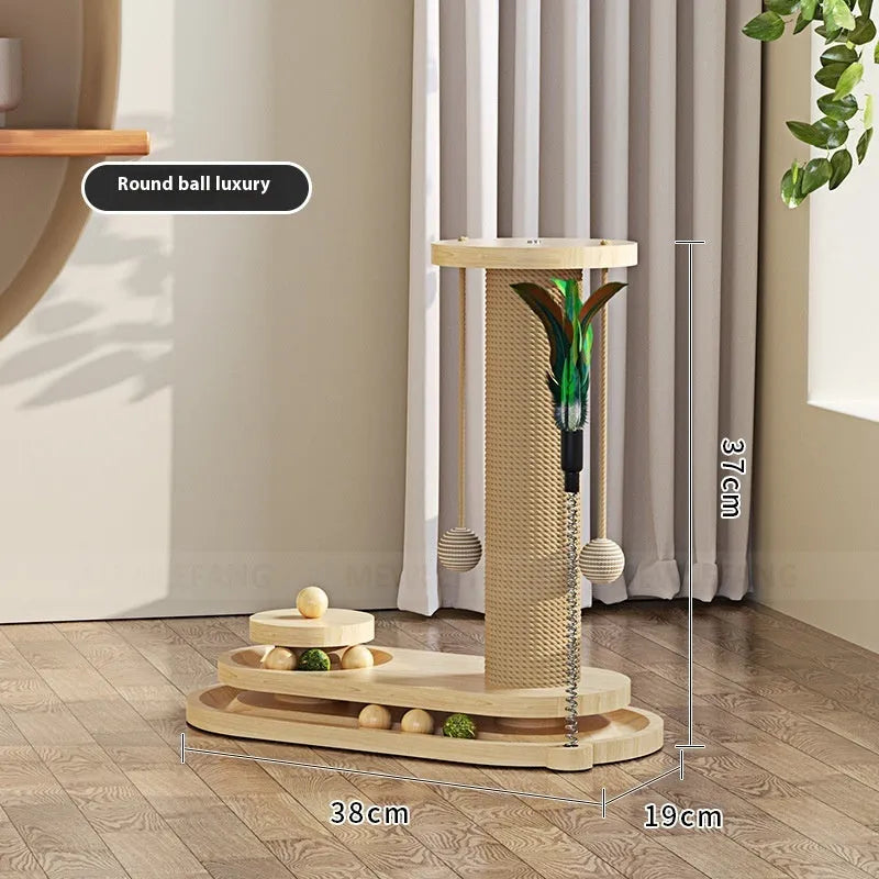 Solid wood cat turntable scratching post with oval mushroom design and natural finish for indoor climbing
