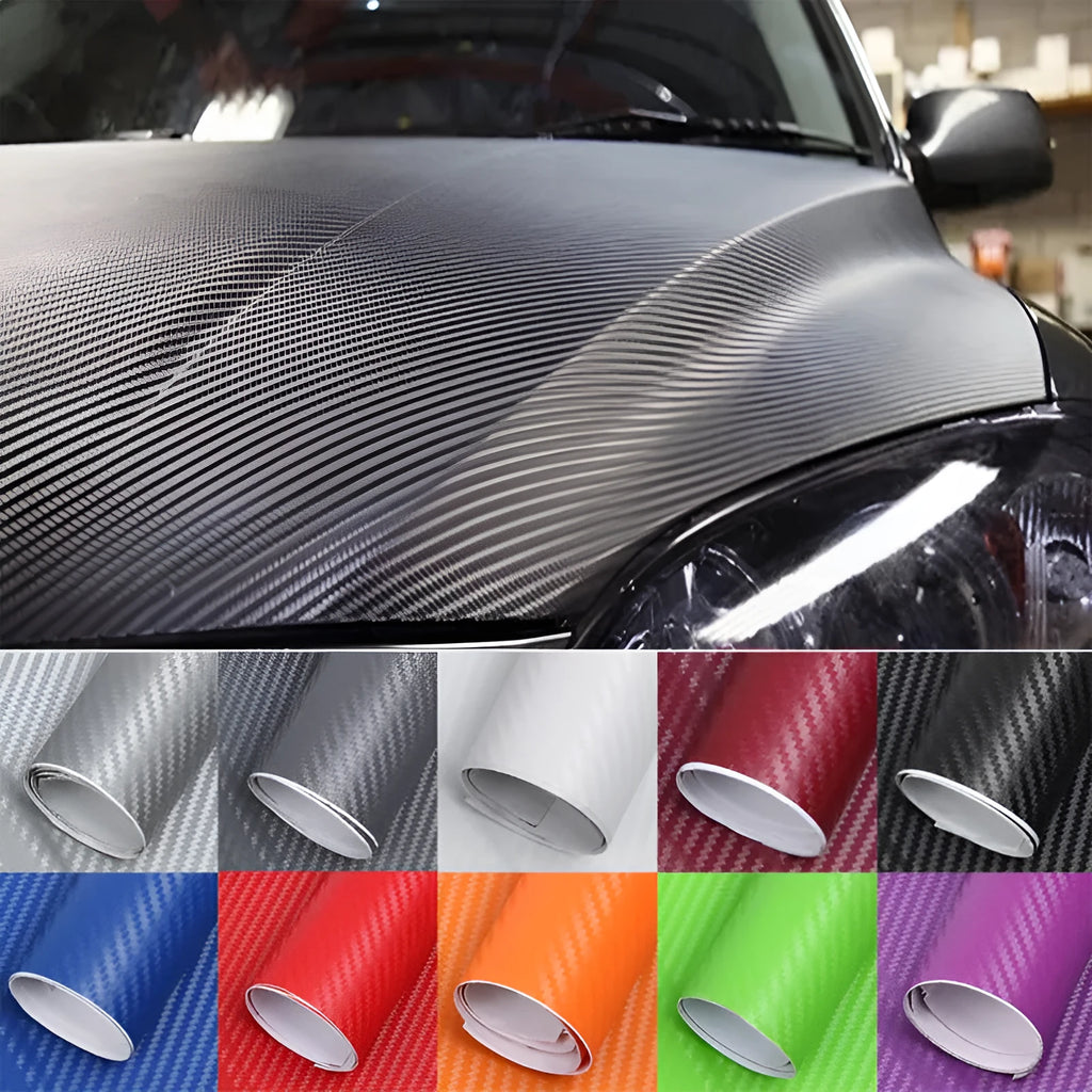 Roll of 3D carbon fibre patterned car sticker in one of eight colours, showing textured black and silver weave design