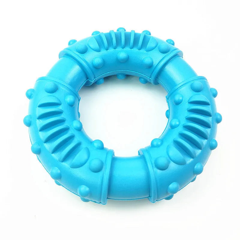 Blue durable plastic dog fetching stick toy with hollow centre for chewing and floating.