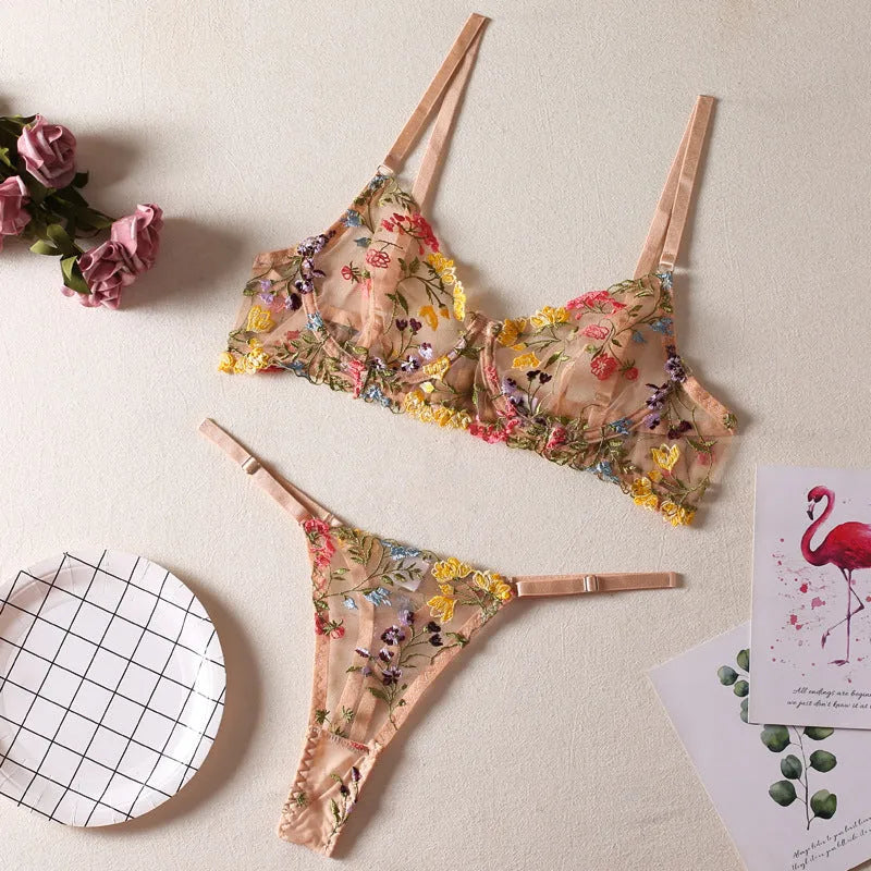 Women's floral mesh bra with steel ring and matching T-back underwear set.
