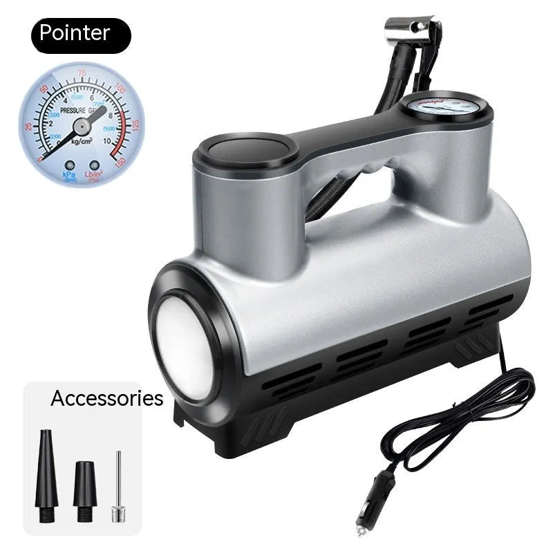 12V portable car tyre inflator with digital display, LED light, and nozzles on a black ABS housing.