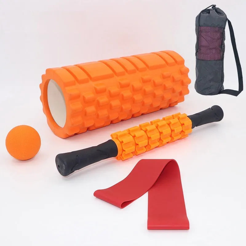 Black 33cm foam roller with six gear massage accessories for fitness recovery