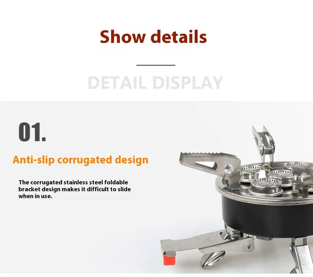 Silver foldable stainless steel split camping stove with a hose, shown with dimensions 155mm by 125mm.