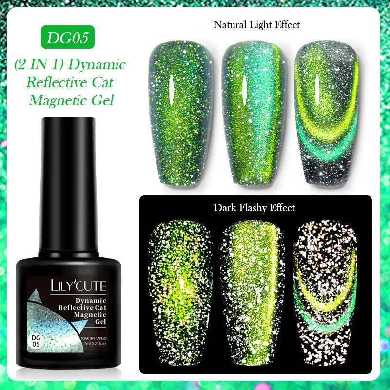 Cat Eye Series UV Gel Nail Polish bottles showing six fluorescent colours with glitter and diamond fragment effects