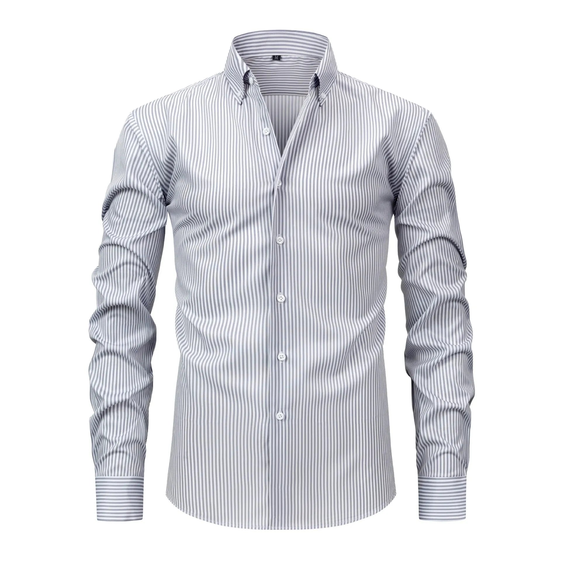 Man wearing a striped long-sleeved business shirt with a lapel collar in a neutral colour.