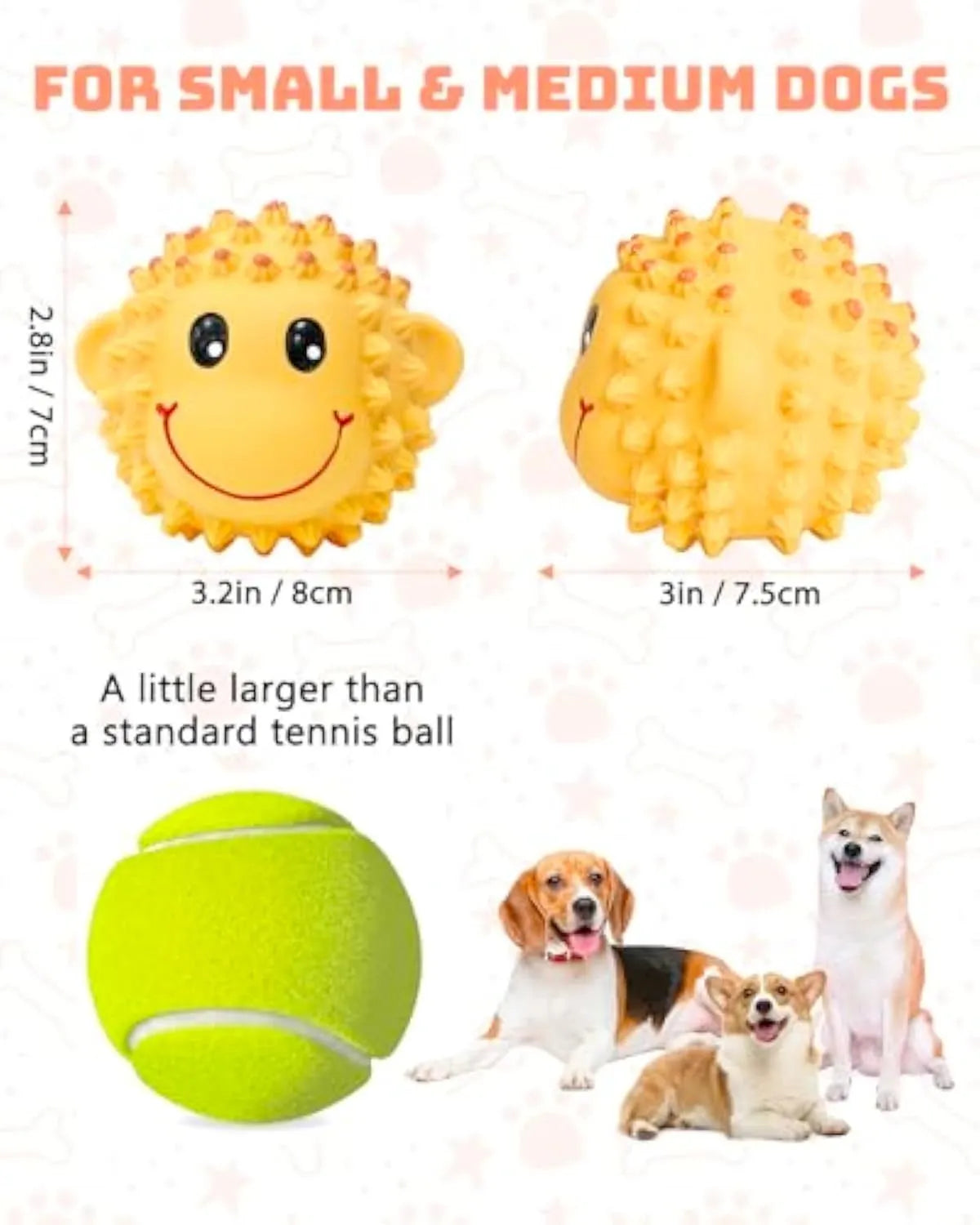 Orange and yellow latex squeaky dog toy with spiky texture for teeth cleaning, shown next to a measuring tape indicating 3-inch diameter.
