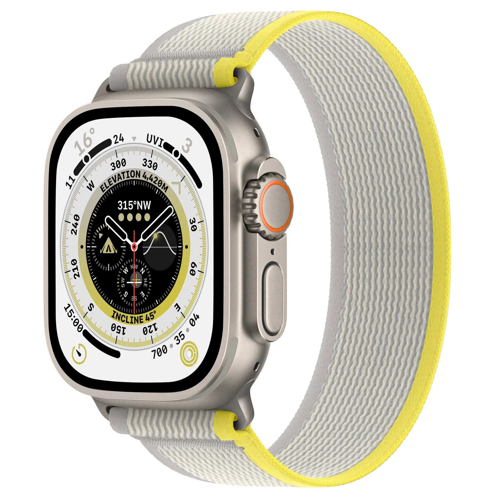 Black nylon Apple Watch band with integrated ring closure on a 44mm watch case.
