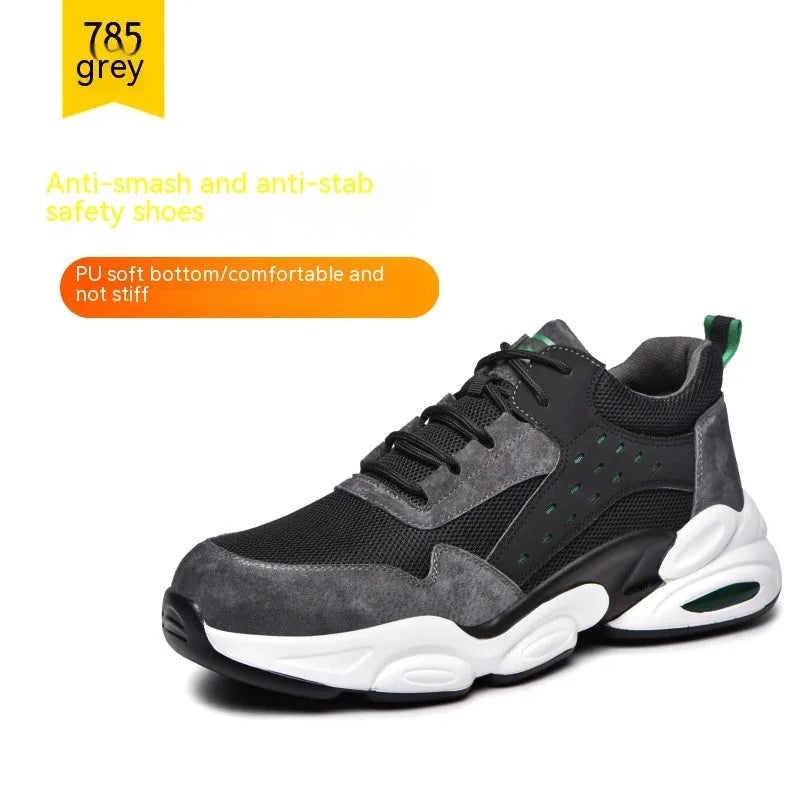 Mesh breathable labour insurance safety shoes with PU soft sole in black, grey, or beige