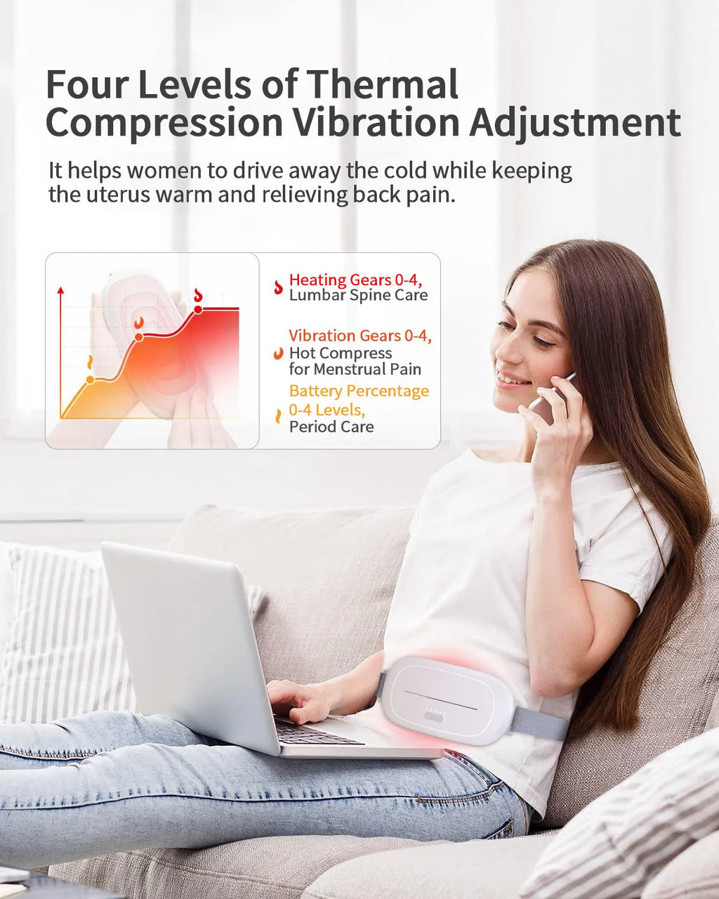 White postpartum uterine warming device with fabric belt and portable heat therapy unit.