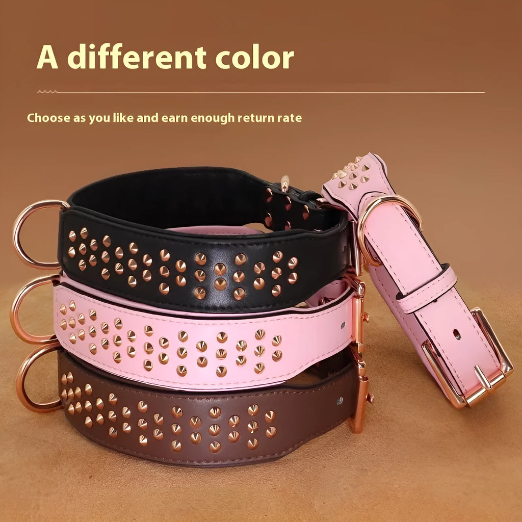 Leather dog collar with flat metal rivets in black, chocolate or pink for bite protection