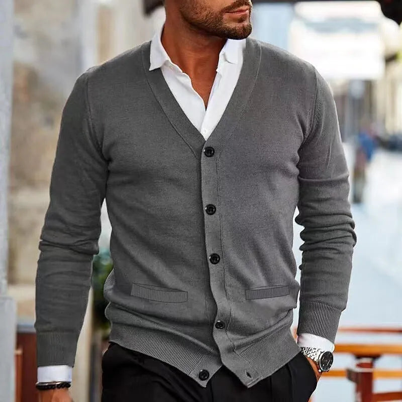 Men's slim fit acrylic cardigan sweater coat in various colours on a size chart background.
