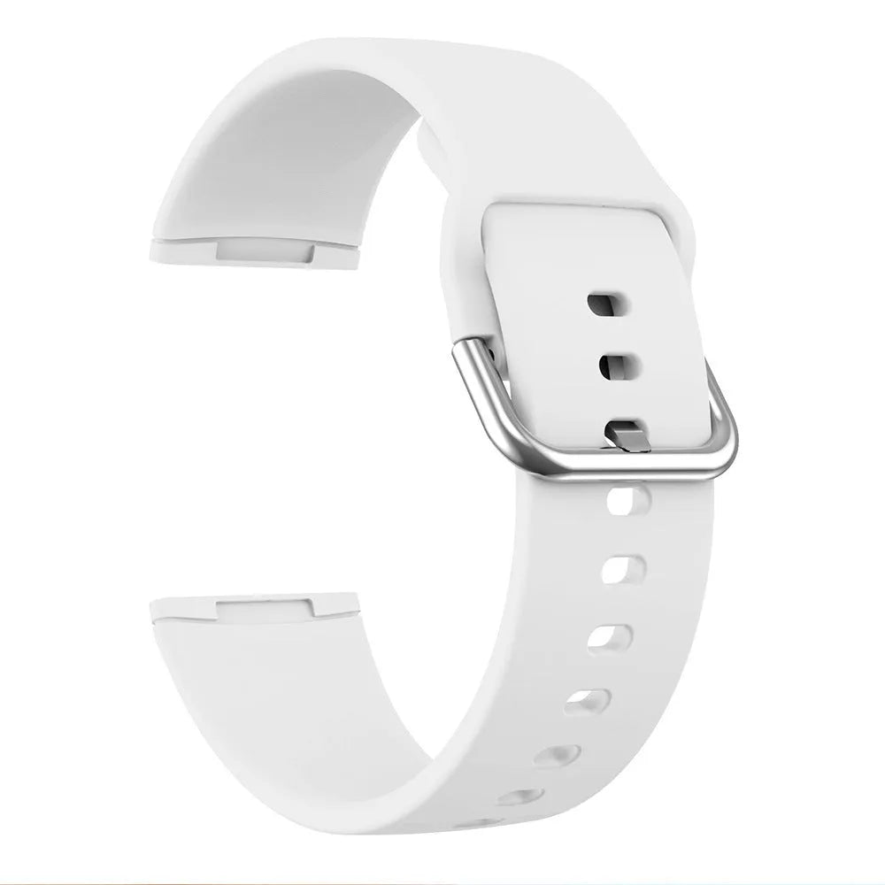 Silicone replacement strap with silver buckle for Fitbit Versa 3 and Sense 2 in multiple colour options.