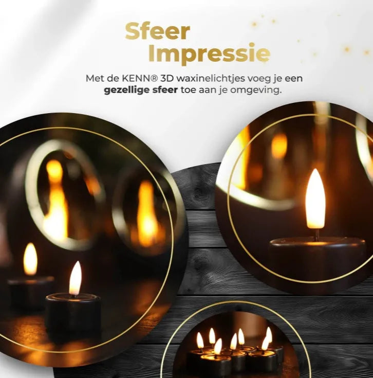 Four black LED flameless tealight candles showing their size and flickering flame effect.