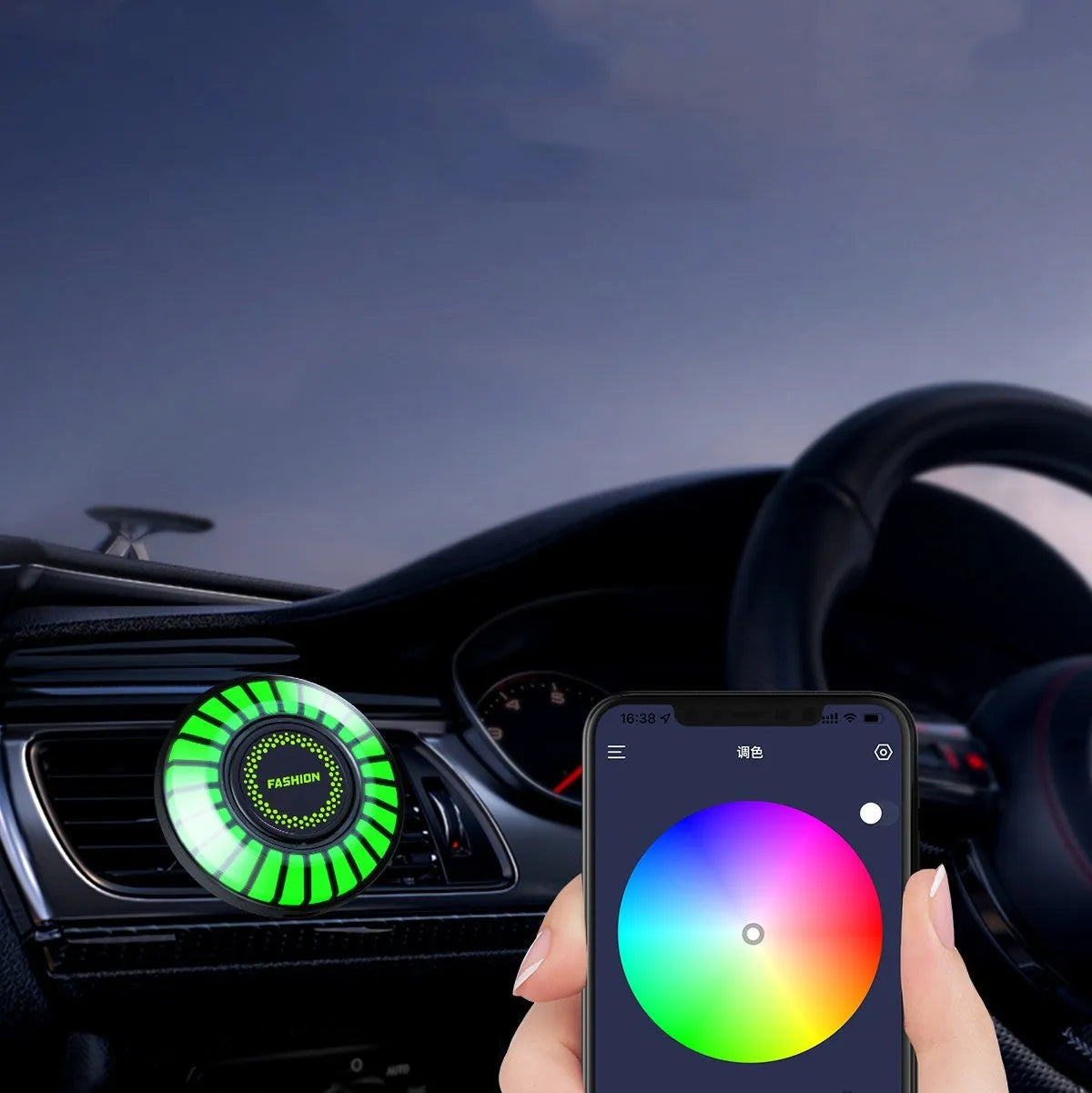 3D RGB car atmosphere light with aromatherapy mounted on a vehicle air outlet vent showing colorful lighting effects.