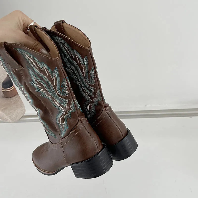 Brown women's mid-calf embroidered Martin boots with leather lining and decorative totem patterns