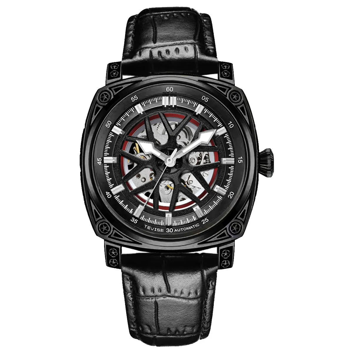 Men's stainless steel automatic watch with blue leather strap showing time display