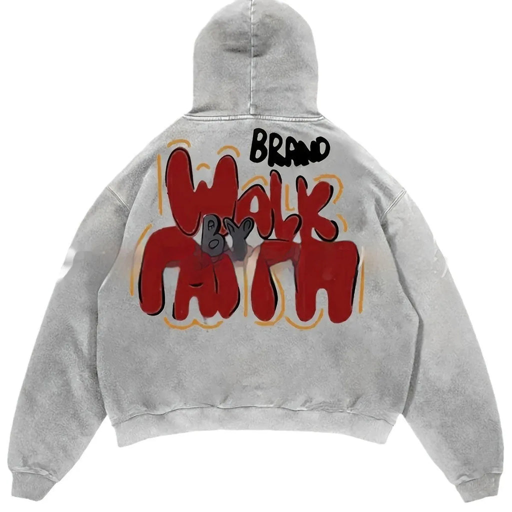 Women's granny grey hoodie with vintage letter print showing front view and pocket detail