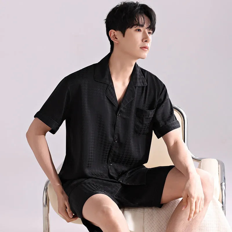 Men's ice silk pajama cardigan set with shorts in lightweight artificial silk fabric with satin jacquard plaid pattern