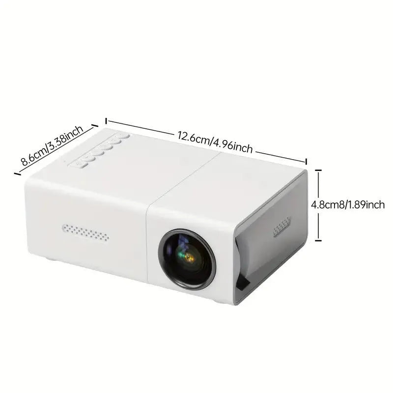 M100 Mini Home LED Projector in black or white, showing remote control and cables.