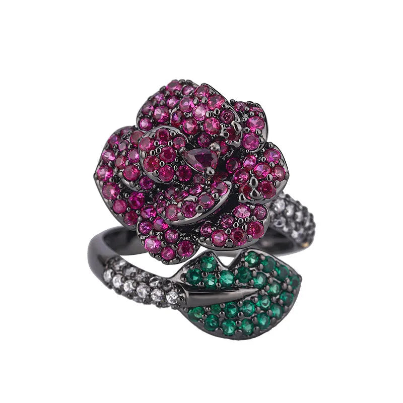 Geometric black gold floral ring with simulated red corundum stones for women
