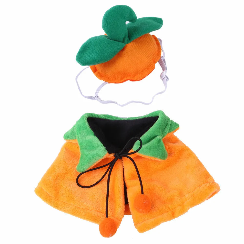 Orange plush Halloween cloak with pumpkin design on a dog, showing cloak and matching hat options.