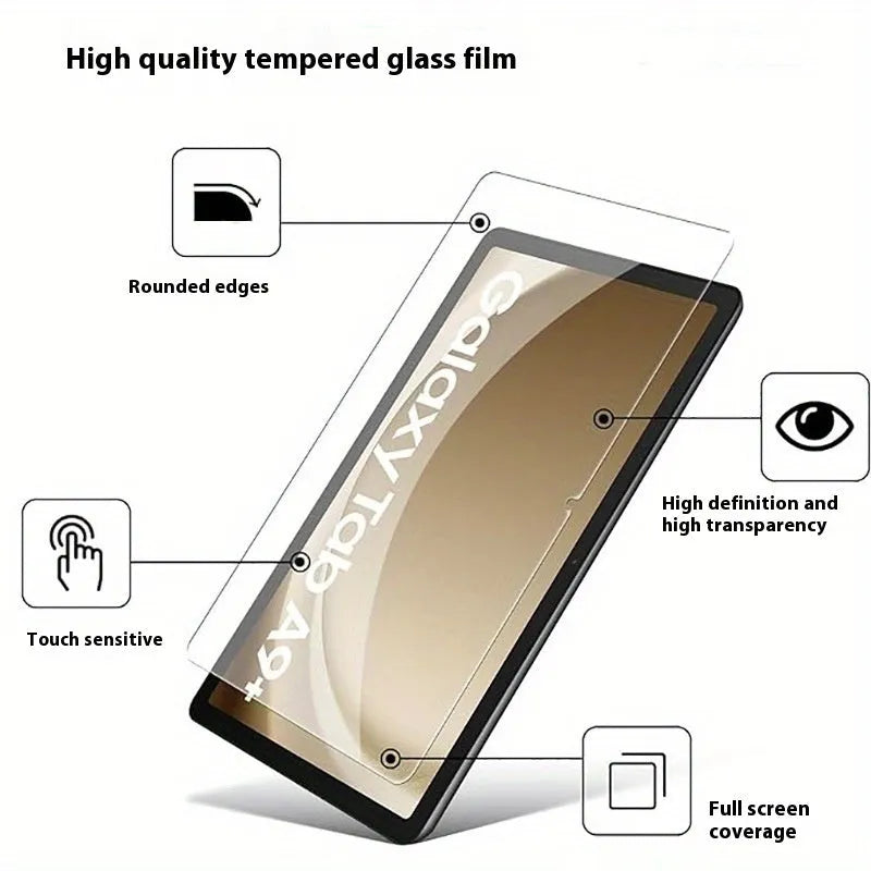 Samsung Galaxy tablet with a clear tempered glass screen protector applied, showing anti-fingerprint coating.