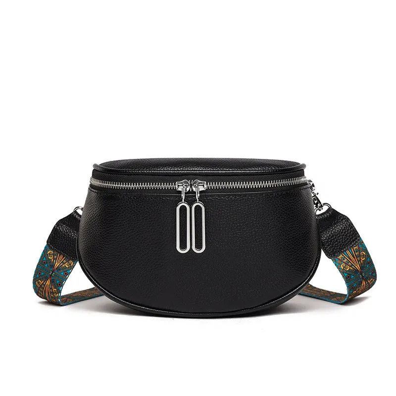 Women's saddle-shaped PU leather messenger bag in green colour with cross-body strap and exterior pocket