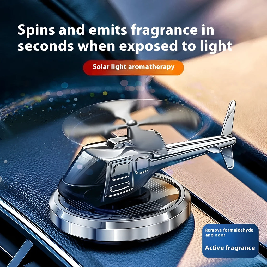 Solar powered metal spinning car perfume air freshener ornament in silver, black and blue colour options