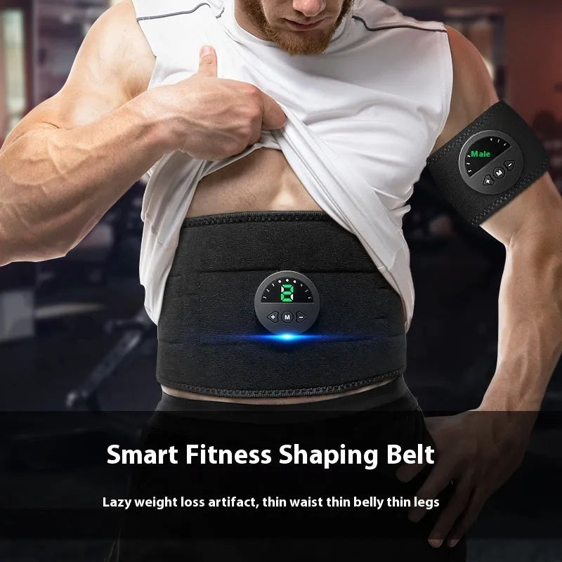 Black fitness belt with digital display screen for waist and abdomen shaping.