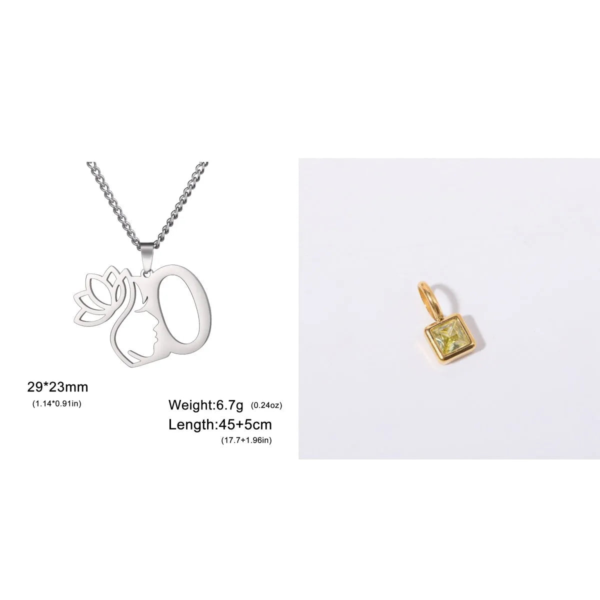 Stainless steel necklace with cross chain and a single letter pendant in gold or silver finish.