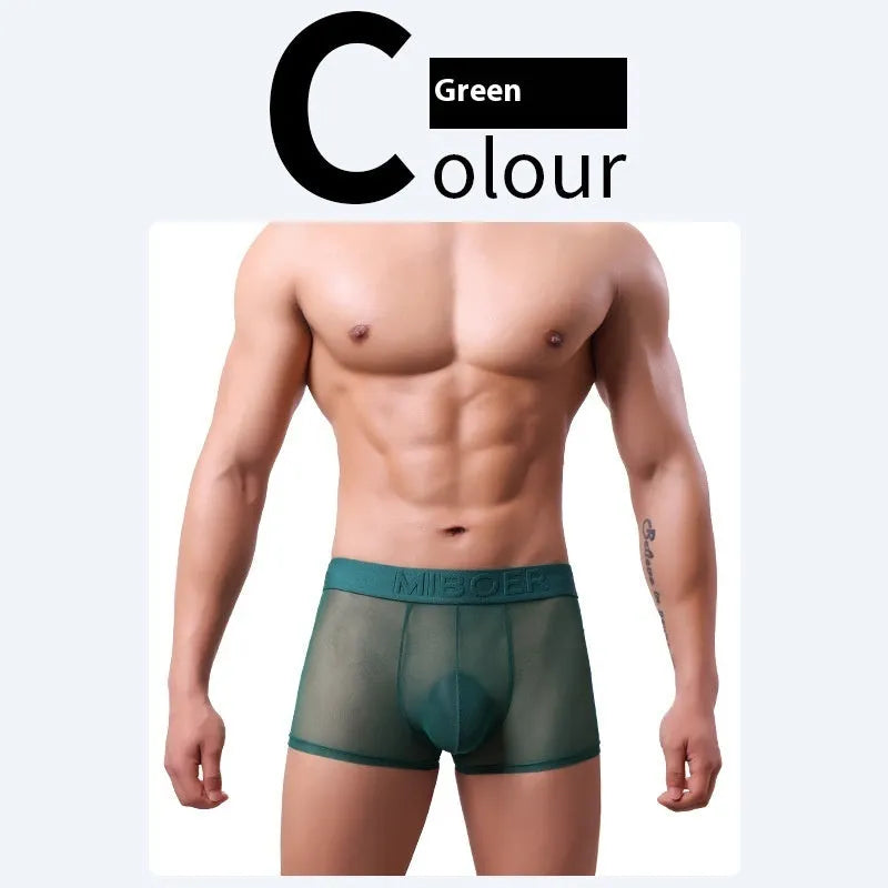 Men's thin invisible breathable boxer shorts in solid colours including black, white, and blue.