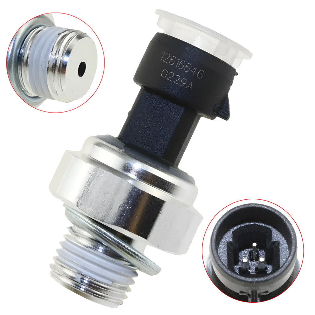 Oil pressure sensor for Buick and Chevrolet vehicles, part numbers 12573107 12567323 visible.