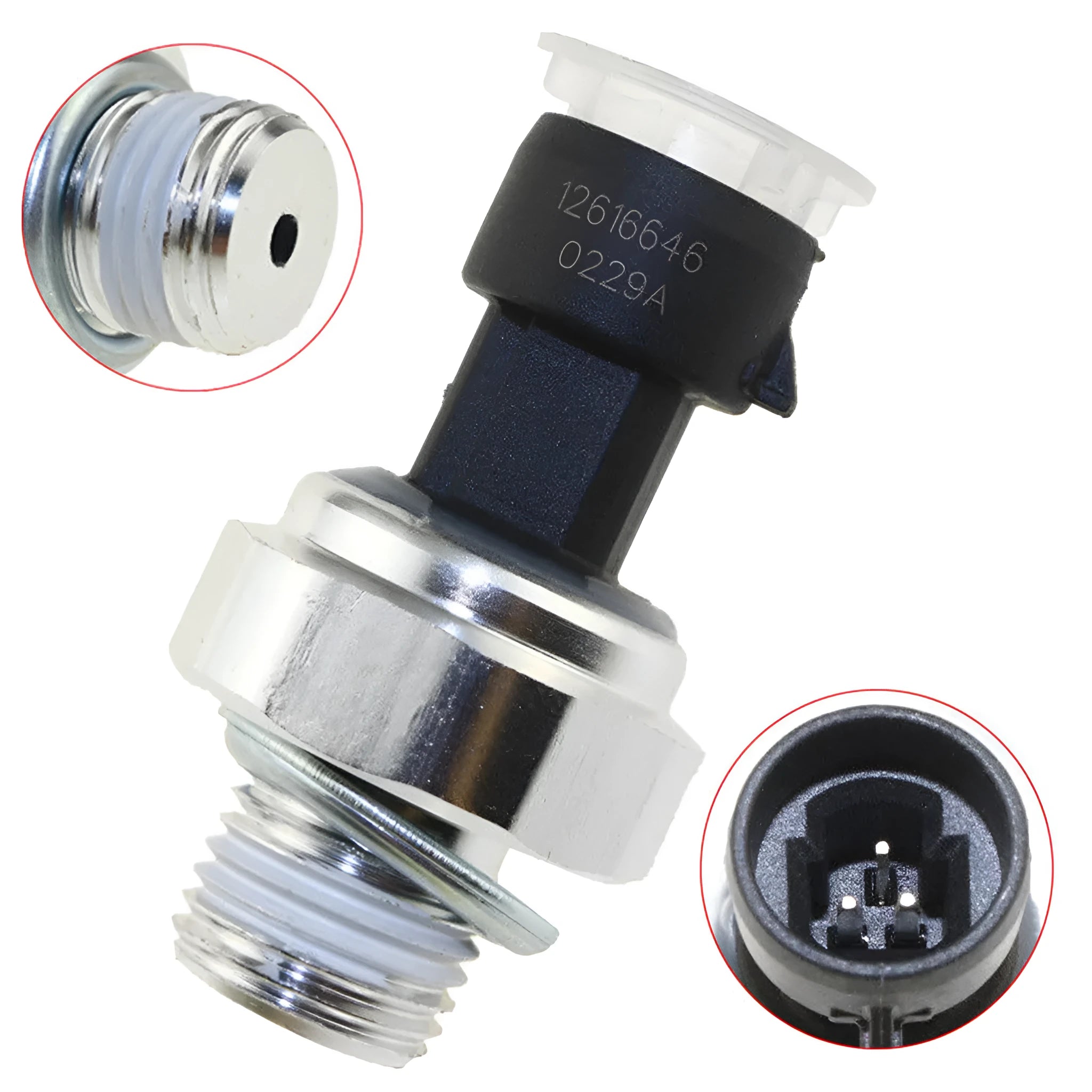 Oil pressure sensor for Buick and Chevrolet vehicles, part numbers 12573107 12567323 visible.