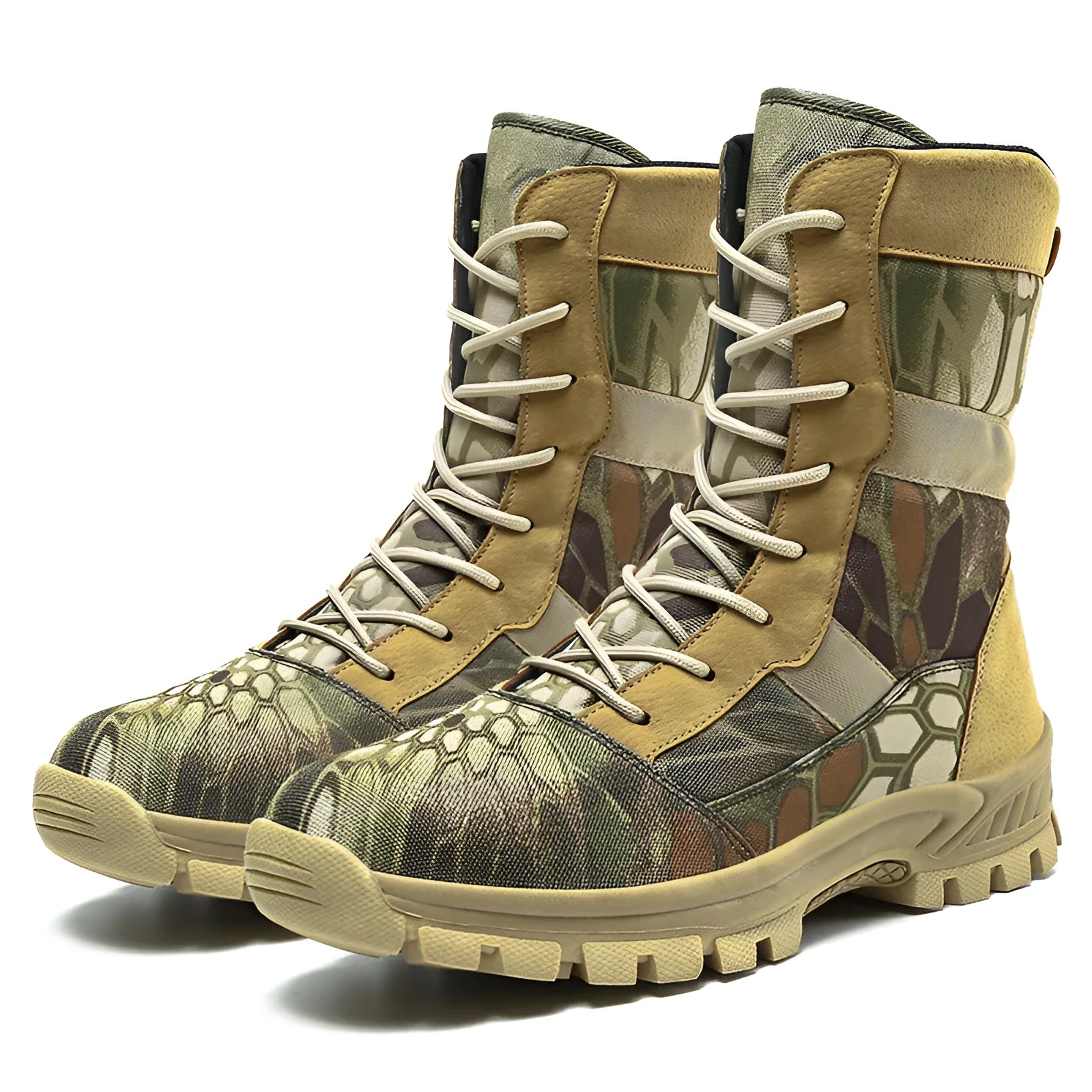 Plus size men's high-top Martin boots in black and camouflage colours with mesh upper