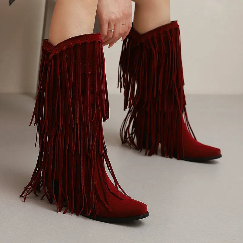 Women's suede mid-calf boots with tassel detail, square toe, and short chunky heel in beige, black, brown, red, and yellow colours.