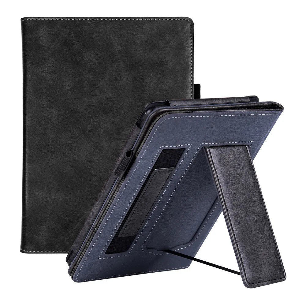 Kindle Paperwhite 5 leather case showing hand strap bracket and magnetic closure in a choice of colours and designs.