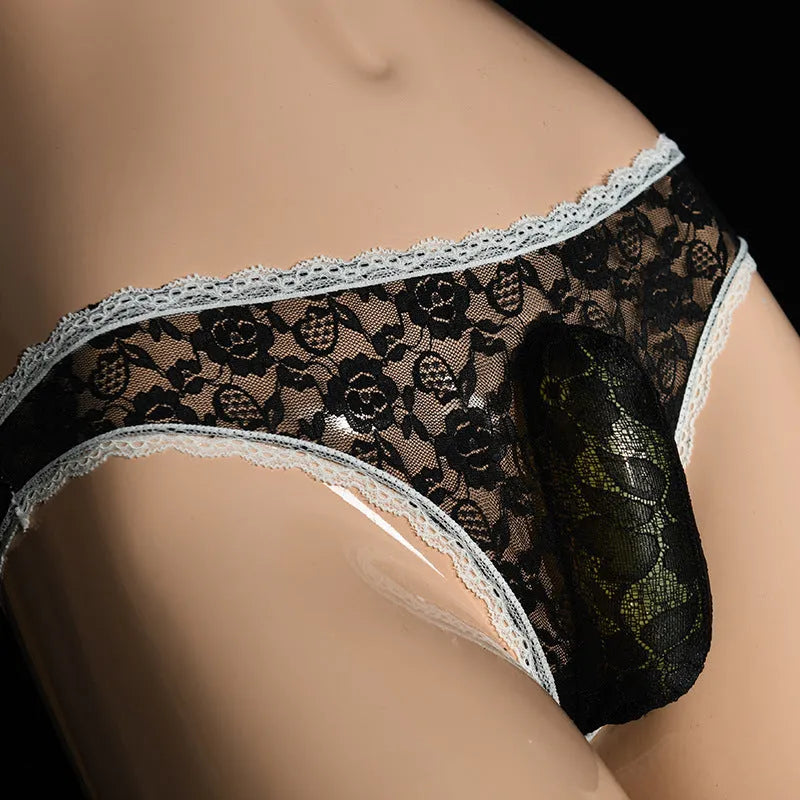 Men's black lace triangle briefs with vertical pouch design and low waist