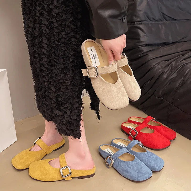 Women's flat PU leather slippers with square toe design in multiple colours