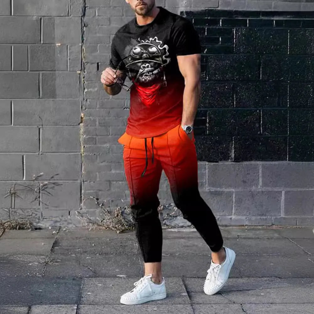 Men's short-sleeved pullover and trouser set in chemical fibre blend fabric for sports