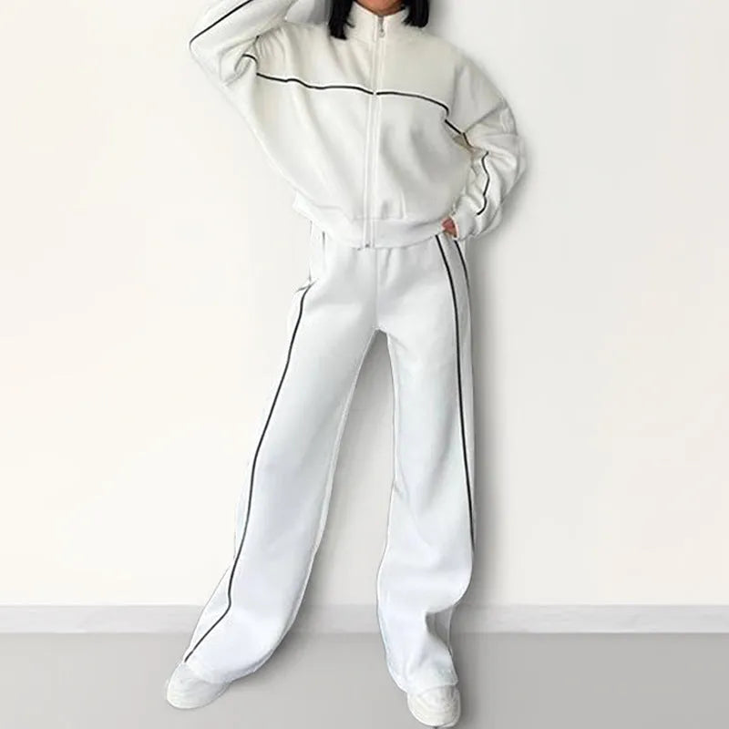 Casual polyester suit set with mock neck hoodie and lace-up striped trousers in six colour options