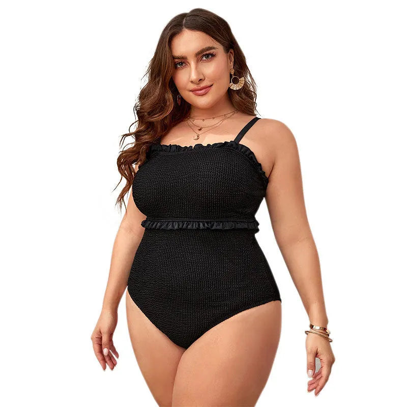 Black plus size women's triangle bikini swimsuit with double shoulder straps and belly coverage.