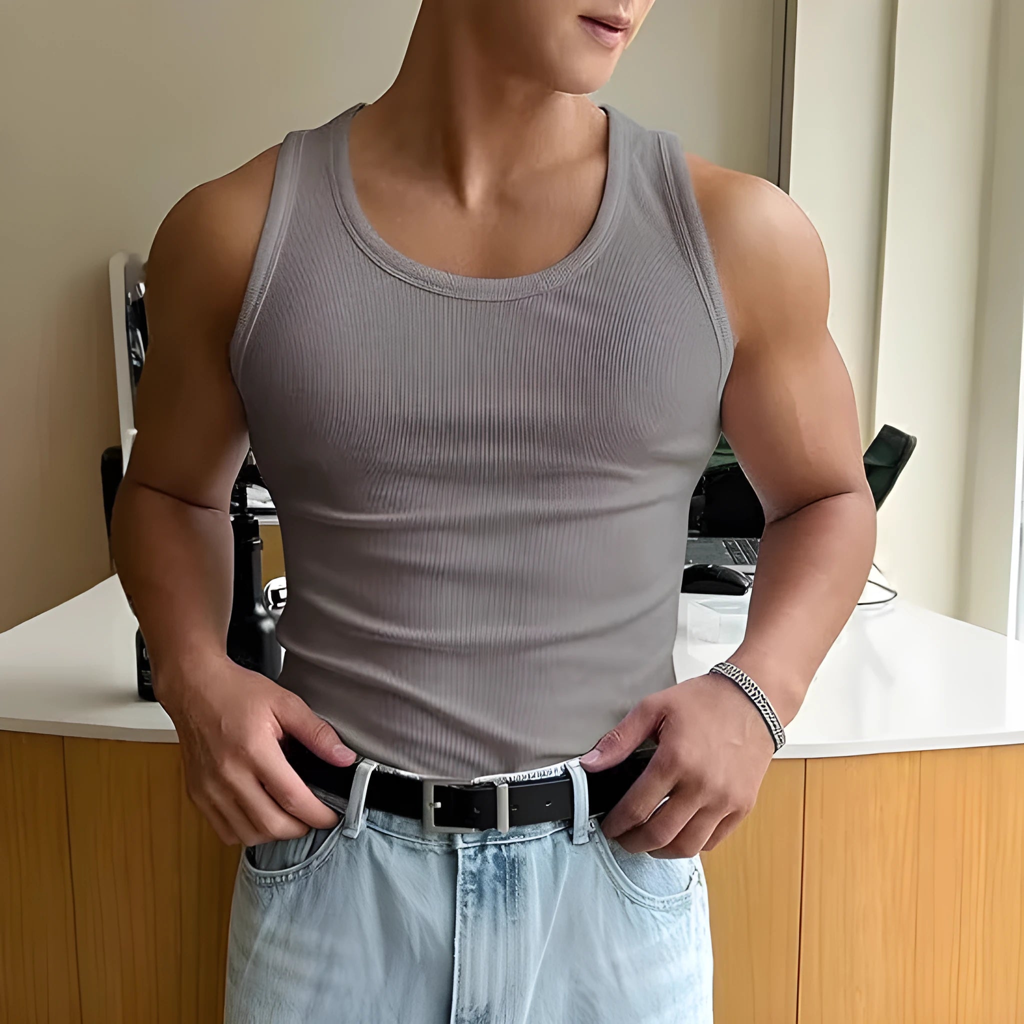 Men's tight fit polyester sports t-shirt in multiple colours on a hanger